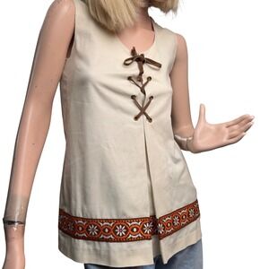 Sears Vintage Tunic Cream Lace Up Embroidered 70s Boho PrairieCore Hippie XS